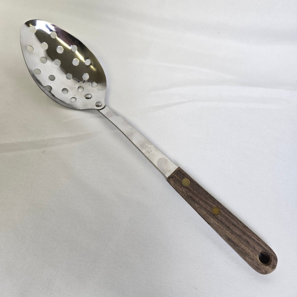 Robinson Knife Co. 12" Stainless Slotted Serving Spoon Wood Handle Vintage USA